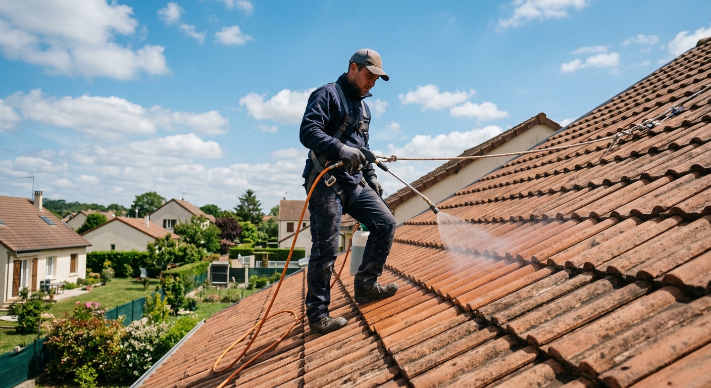 Application traitement algicide toiture
